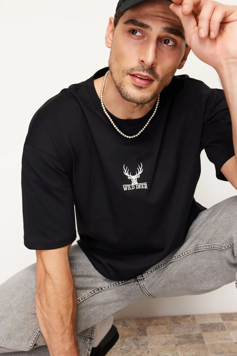 Black Men's Oversize Deer Embroidered Cotton T-Shirt - 1