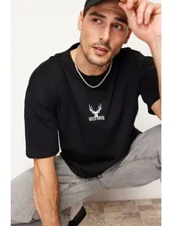 Black Men's Oversize Deer Embroidered Cotton T-Shirt - 1