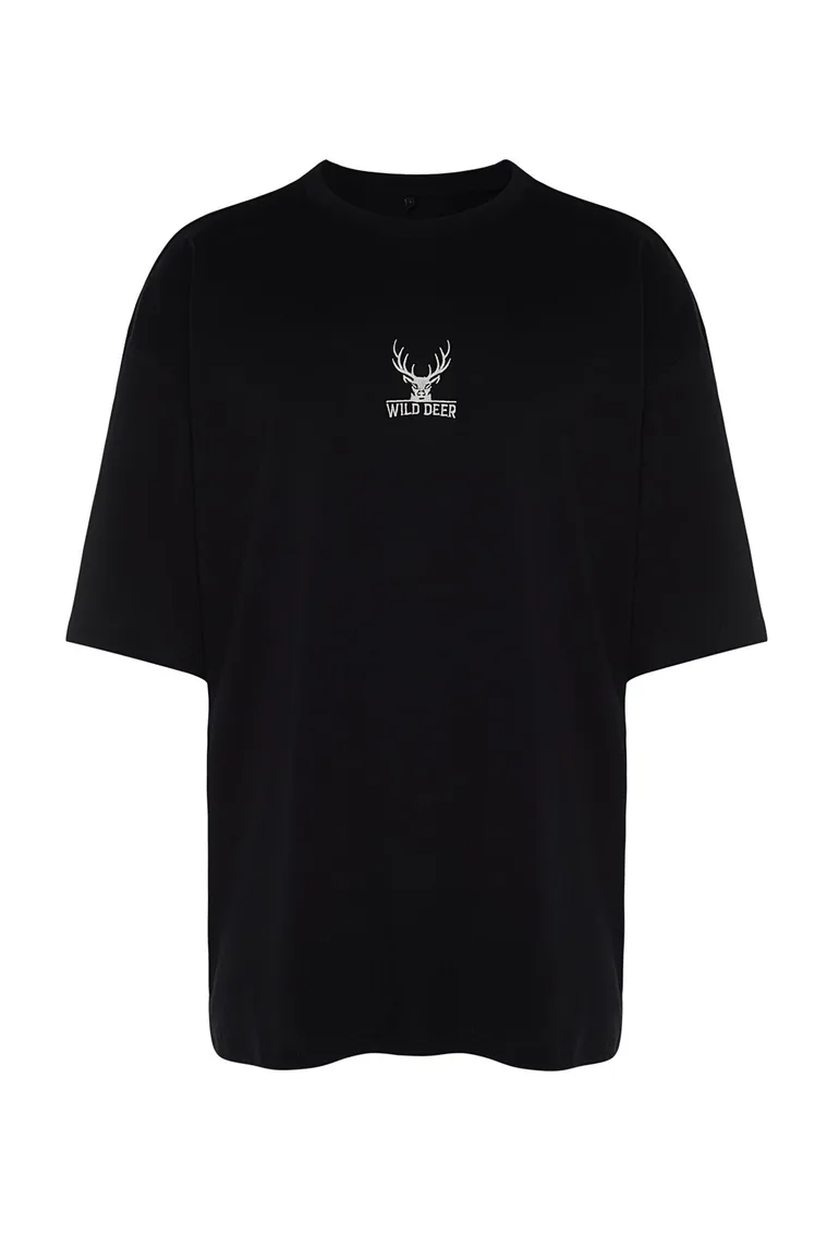 Black Men's Oversize Deer Embroidered Cotton T-Shirt - 5