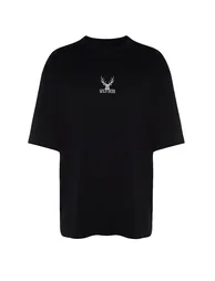 Black Men's Oversize Deer Embroidered Cotton T-Shirt - 5