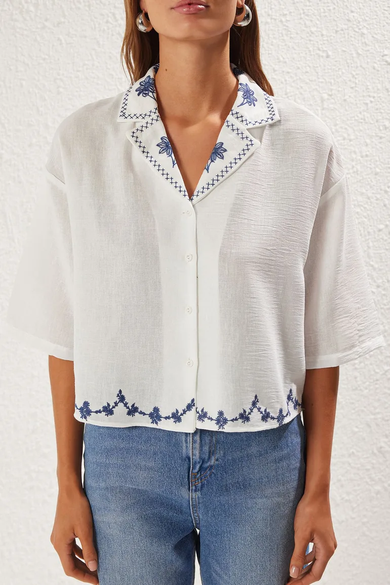Regular Fit Shirt with White Collar and Hem Embroidery Detail - 2