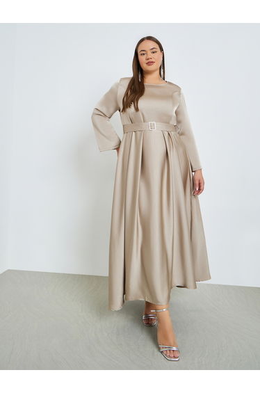 Plus Size Satin A-Line Maxi Dress with Belt