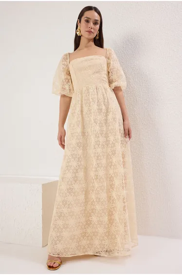 Salmon A-Line Floral Lined Long Evening Dress