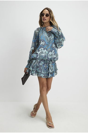 Blue Paisley Metallic Mini Dress