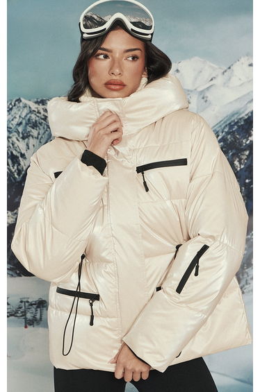 Pearl Metallic Cinch Pocket Detail Puffer Coat