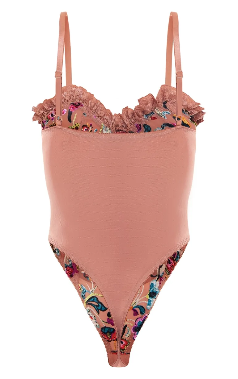 Nude Flock Mesh Floral Frill Detail Bodysuit - 3