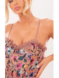 Nude Flock Mesh Floral Frill Detail Bodysuit - 2