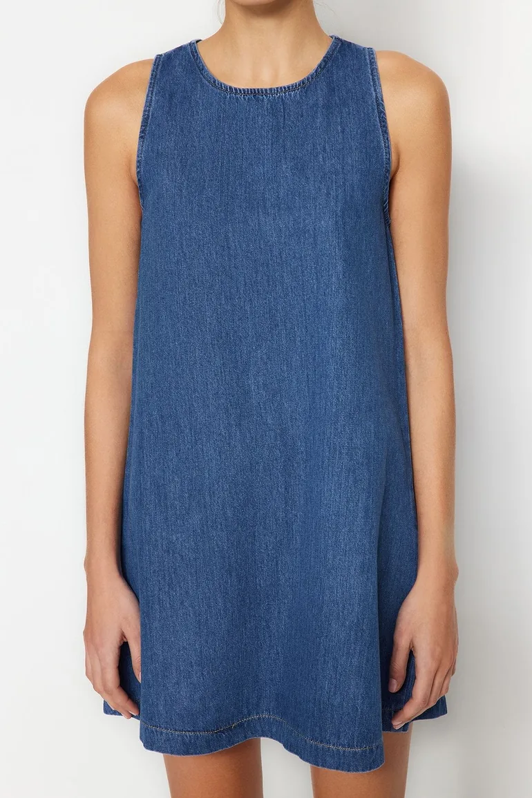 Blue Denim Column Mini Slip Dress - 4