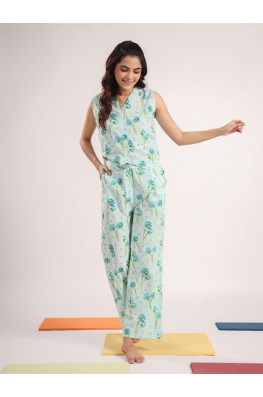 Cotton Dandelion Print Shirt and Straight Pyjama Set