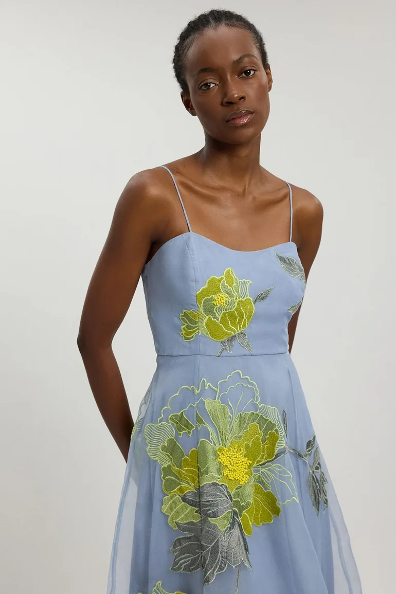 Floral Embroidered Organza Bandeau Dress - 1