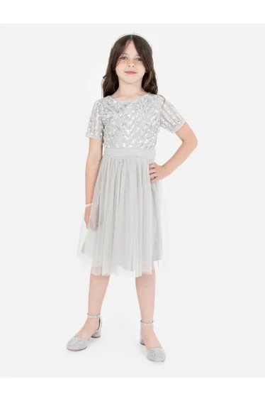 فستان ميدي بفيونكة مزين بخطوط من الترتر - رمادي