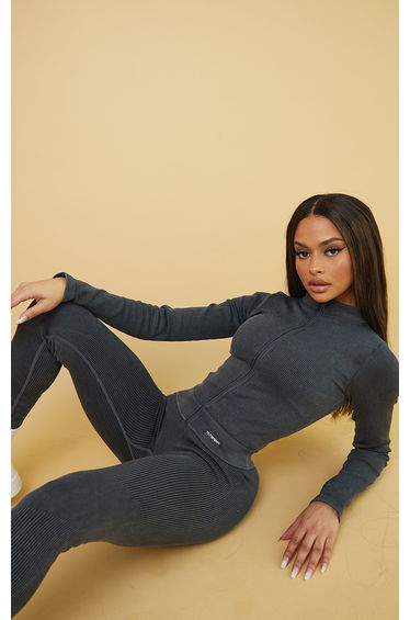 Grey Acid Wash Seamless Ribbed Zip Up Cropped Sports Jacket