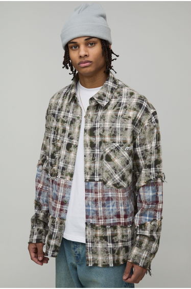 Oversized Boxy Distressed Spliced Check Shirt - green