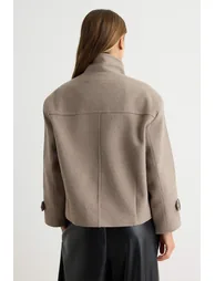 Mink High Collar Mono Closure Oversize Wool Short Coat - 3