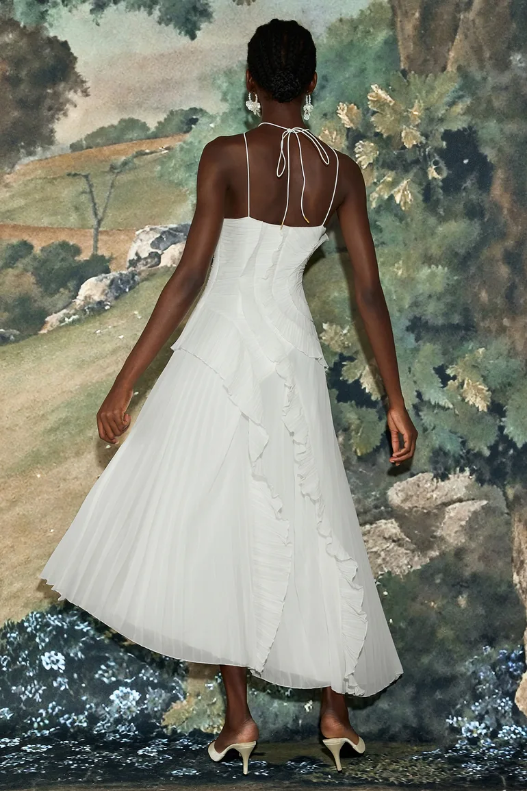 Pleated Frill Halter Neck Midi Dress - 1