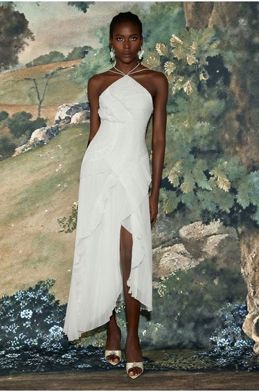 Pleated Frill Halter Neck Midi Dress