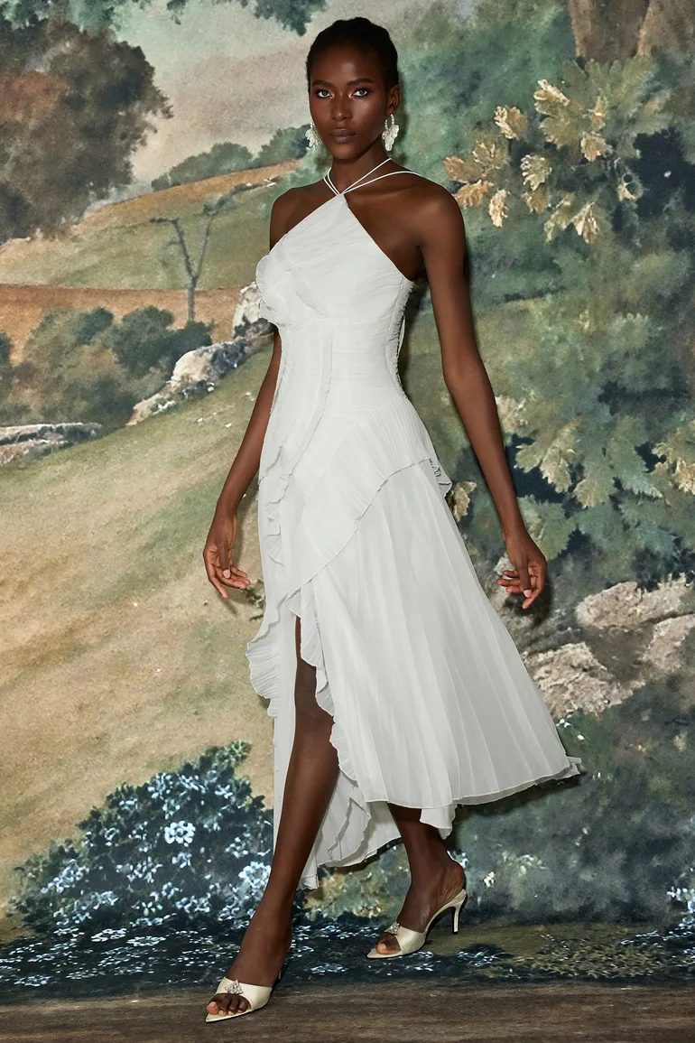 Pleated Frill Halter Neck Midi Dress - 10