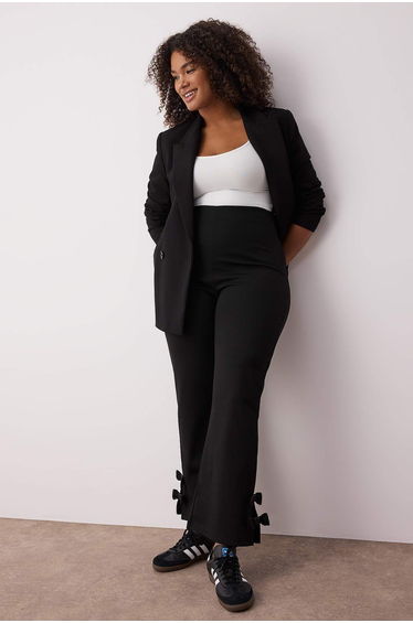 Black Bow Detailed Flare Fit Knitted Plus Size Trousers