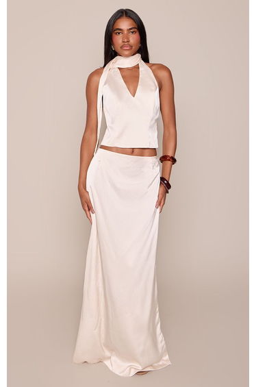 Oyster White Satin Plunge Scarf Detail Top Co-ord