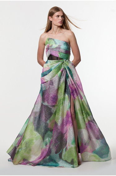 Digital Ophelia Printed Organza Fishtail Corset Maxi Dress