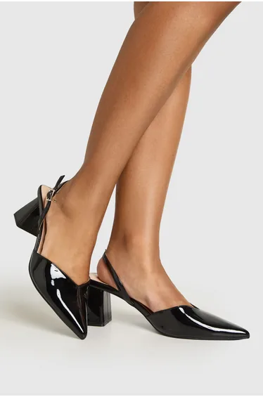 Wide Fit Patent Mid Block Slingback Court Heels - black