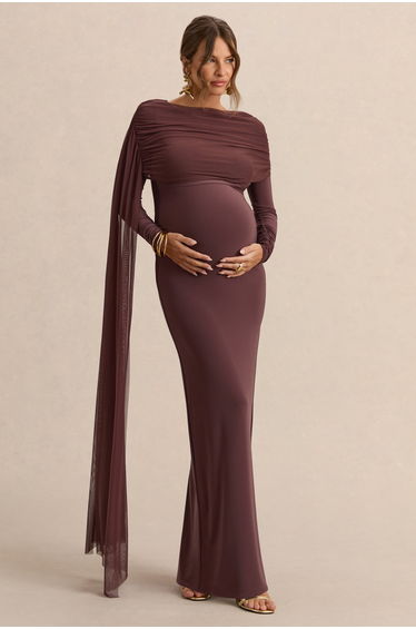 Annelia | Dark Brown High-Neck Maternity Maxi Dress With Sash Detail