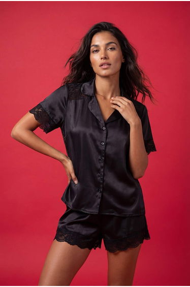Black Plain Satin Woven Pajama Set