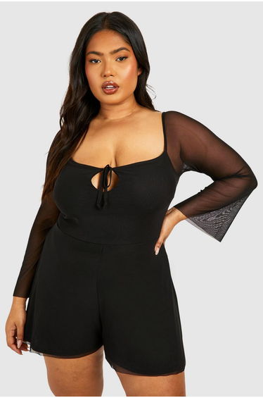 Plus Mesh Tie Detail Flared Sleeve Floaty Playsuit - black