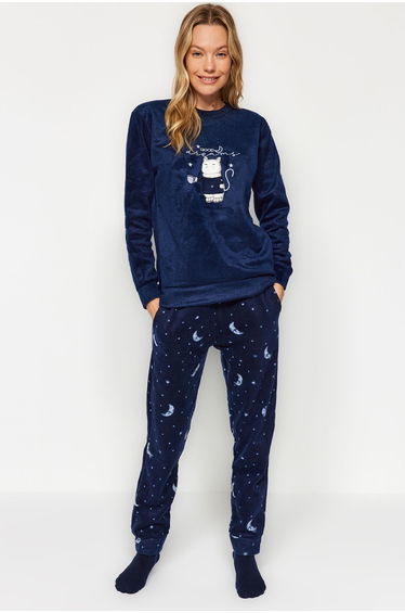 Navy Blue Cat Printed Velvet Tshirt-Pants and Knitted Pajamas Set
