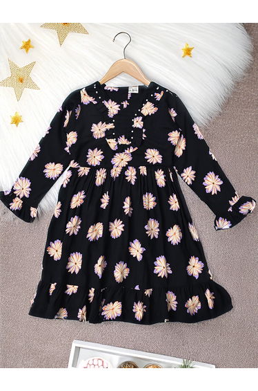 All-Over Floral Print Ruffle Trim Cotton Dress