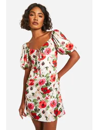 Tall Satin Floral Short Sleeve Mini Dress - pink