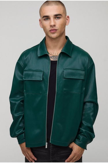 Long Sleeve PU Cargo Boxy Overshirt - emerald