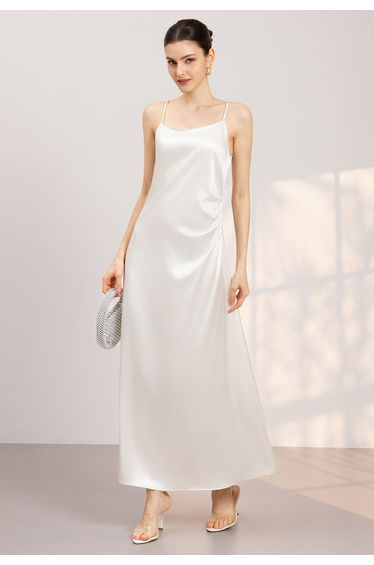 Sheer Organza Lace-Up Back Satin Twinset Dress in Ivory
