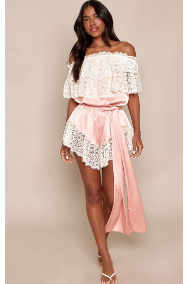 Peach Satin Lace Bardot Tie Waist Floaty Playsuit