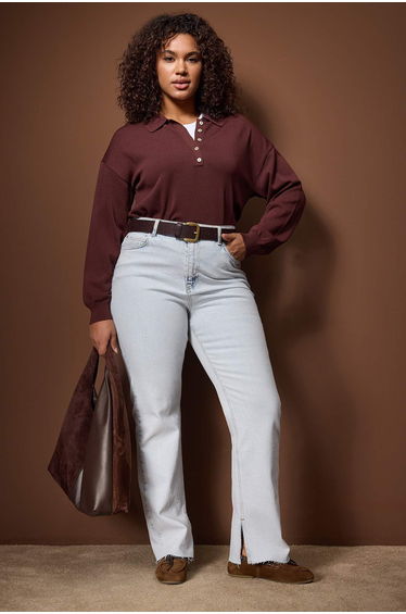Blue high waist slit detailed flare fit plus size jeans
