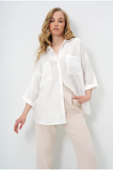 Women's White Double Pocket Oversize Woven Shirt