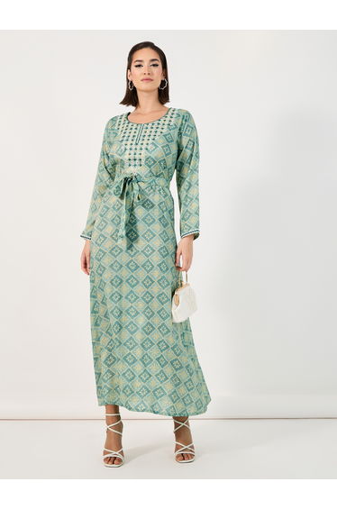 All-Over Print Embroidered Jalabiya with Waist Tie Detail
