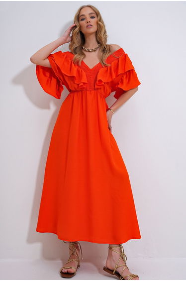 Women's Coral Collar Gimped and Flounced Waist Belted Midi-Weaving Dress