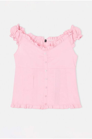 Pink Rib Detailed Poplin Woven Blouse