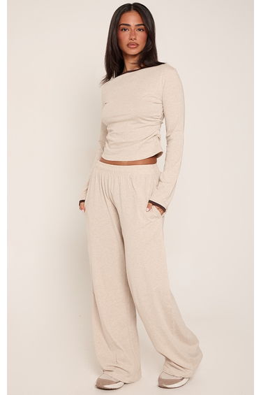 Petite Oatmeal Cotton Contrast Cuff Long Sleeve Top