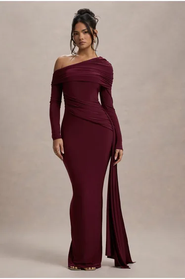 Valina | Burgundy Ruched Asymmetric Maxi Dress With Drape