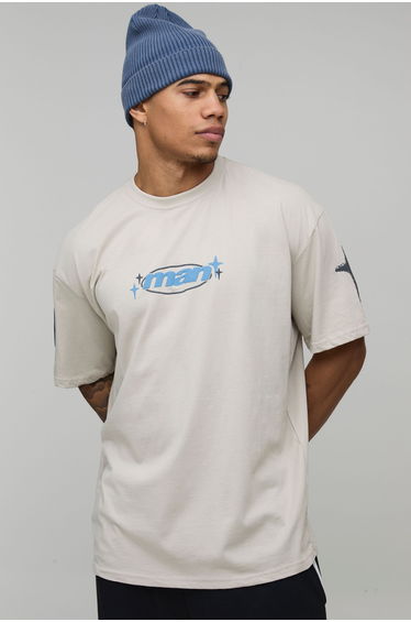 Oversized Man Star Puff Printed T-Shirt - stone