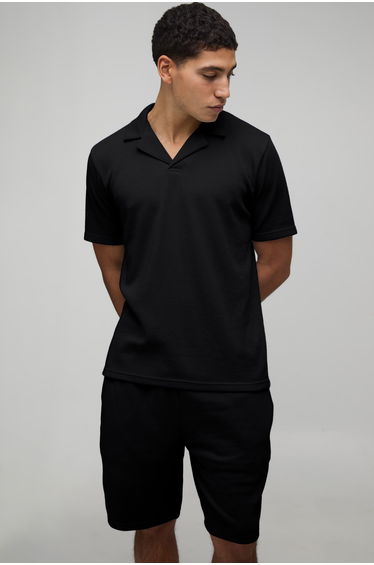 Slim Fit Waffle Revere Polo & Shorts Set - black