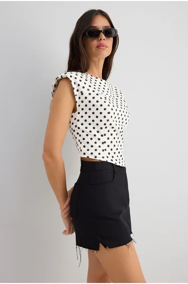 White Gabardine Cotton Crop Fitted Polka Dot Woven Blouse