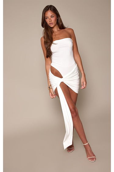 White Double Layer Slinky Mesh Knot Skirt Mini Dress