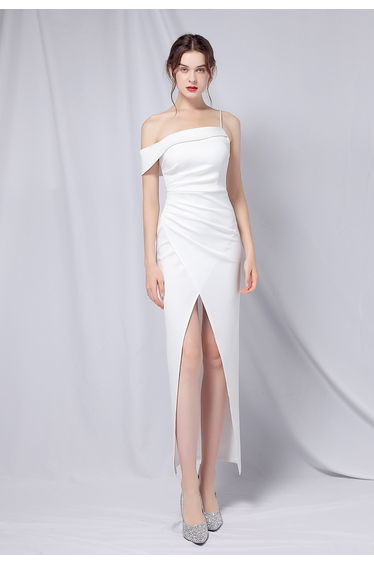 Single Strap Front Slit Gown in White