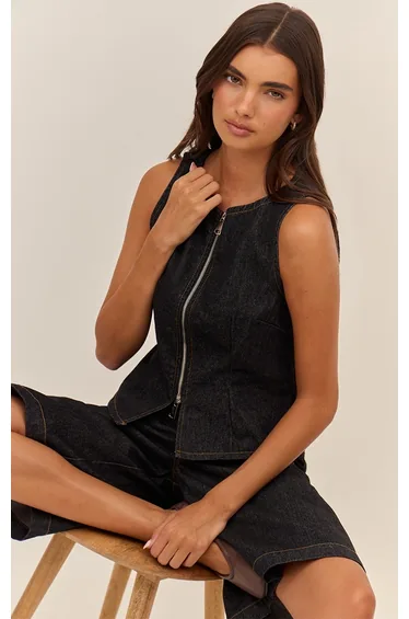 Raw Indigo Zip Detail Sleeveless Denim Top