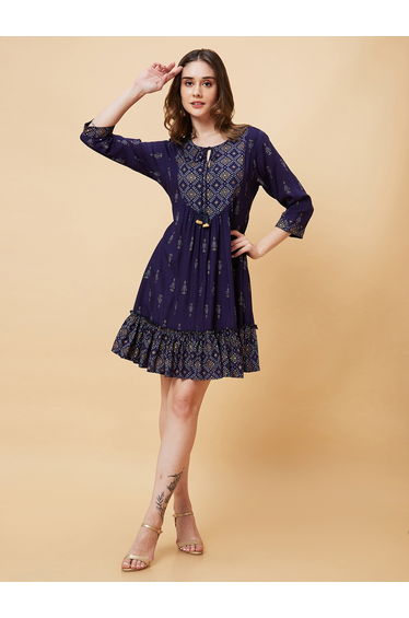 Women Blue Printed Tie-Up Neck A-Line Mini Dress