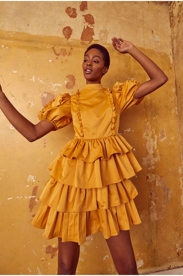Lucy Mustard High-Neck Statement Sleeve Mini-Dress