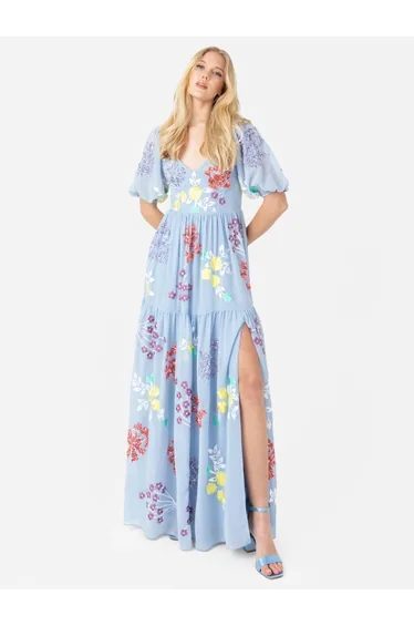 Maya Blue Keyhole Back Floral Maxi Dress with Thigh Split